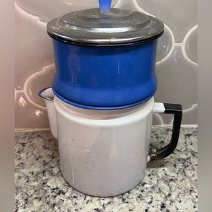 Vintage Blue and White French Drip Enamel Coffee Pot